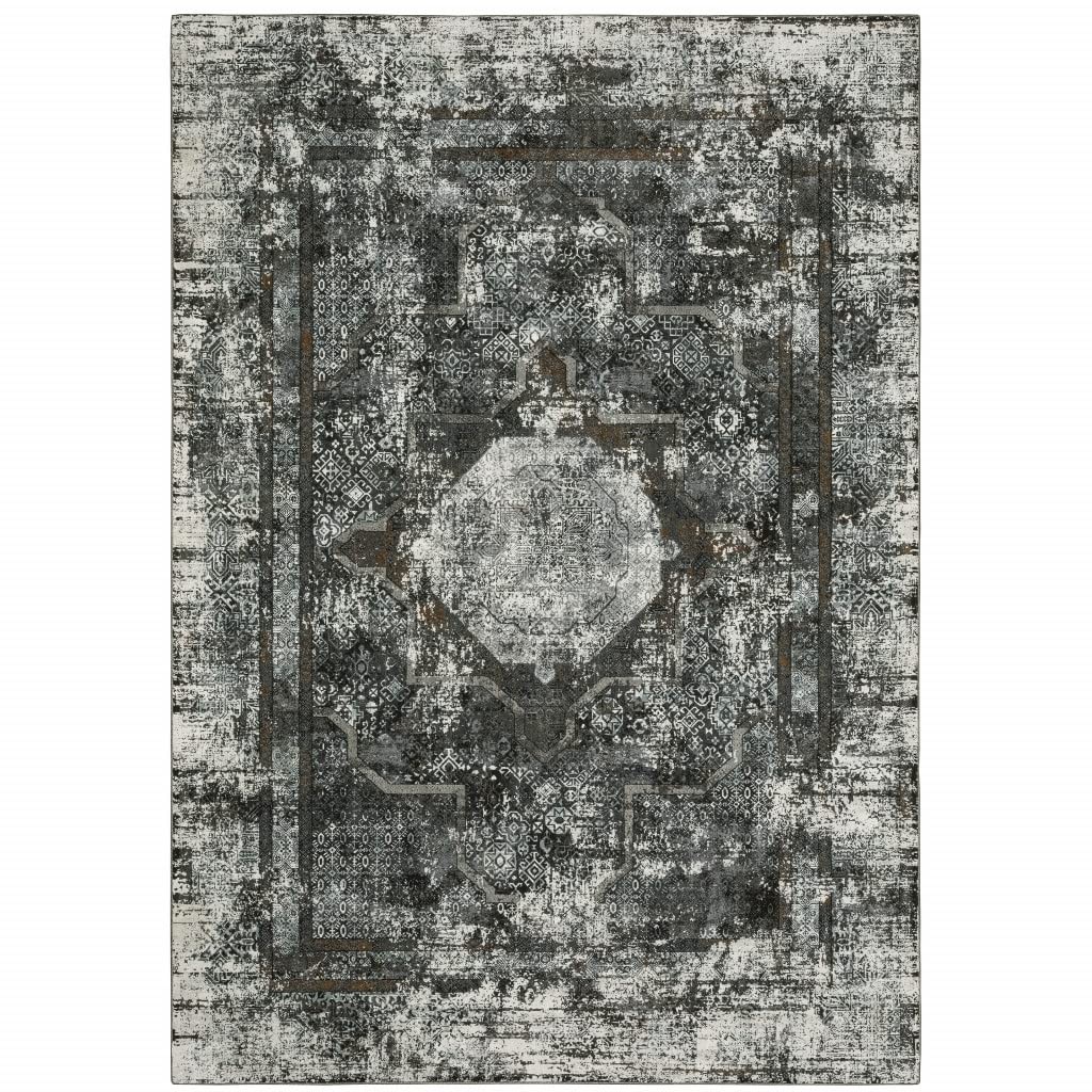6′ X 9′ Charcoal Rust Grey Blue Ivory And Brown Oriental Power Loom Stain