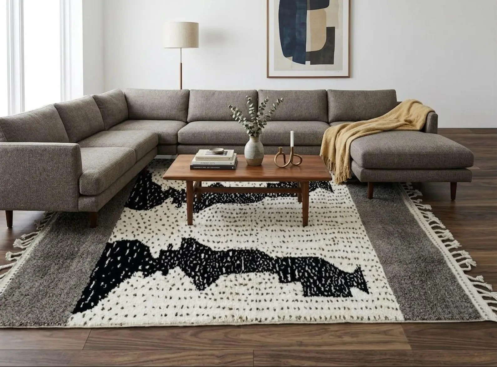 Handmade Beni Ouraina Rug Moroccan Berber Wool Carpet Black Ivory Tribal Design