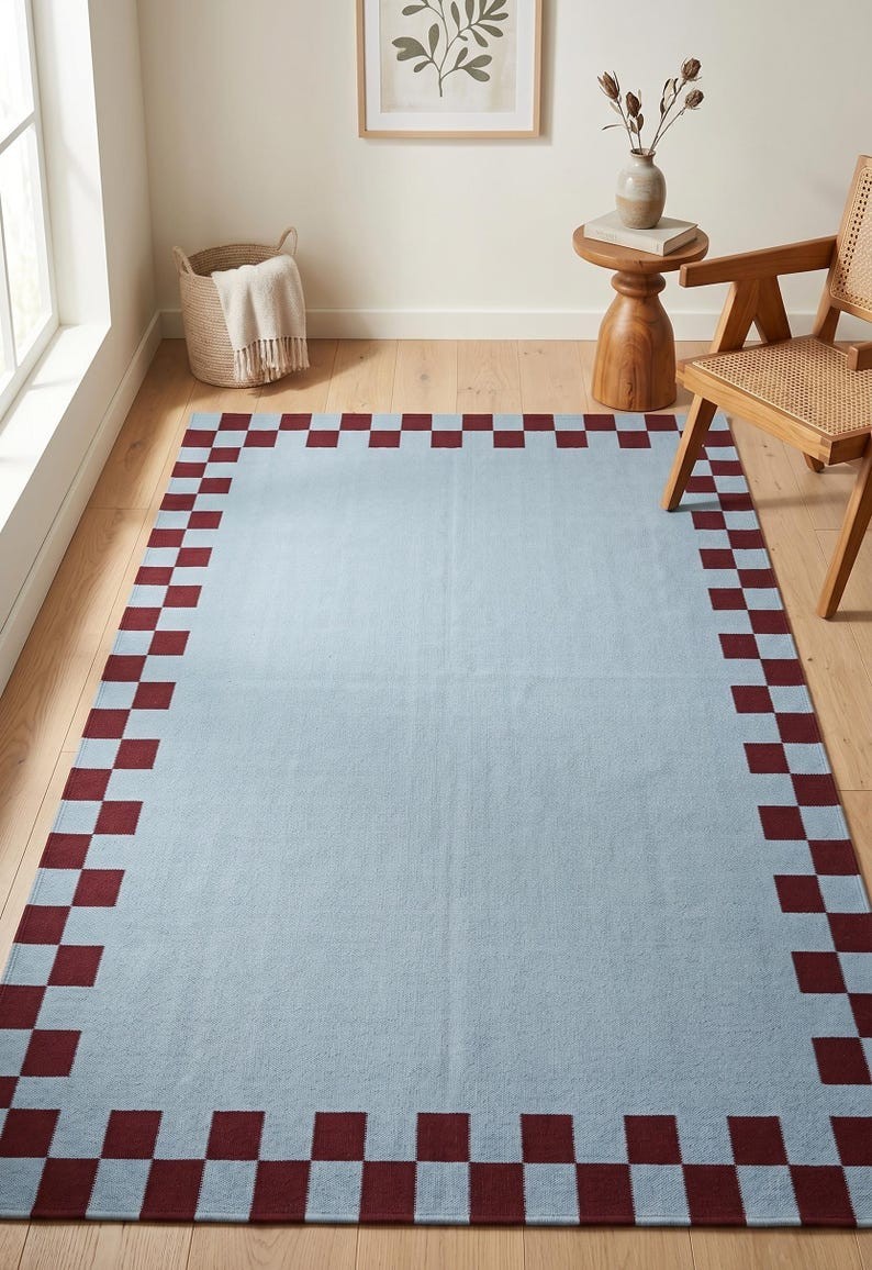 Blue Scandinavian Swedish Kilim Tile Rug Handmade Flat weave Boho Large Area Rug