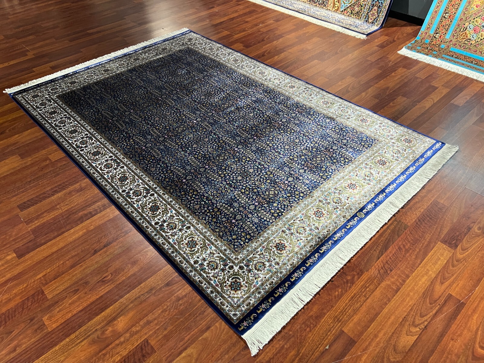 5×8 ft Blue Gold Traditional Silk Rug – Luxury Anatolia Silk Rug Living Room Rug