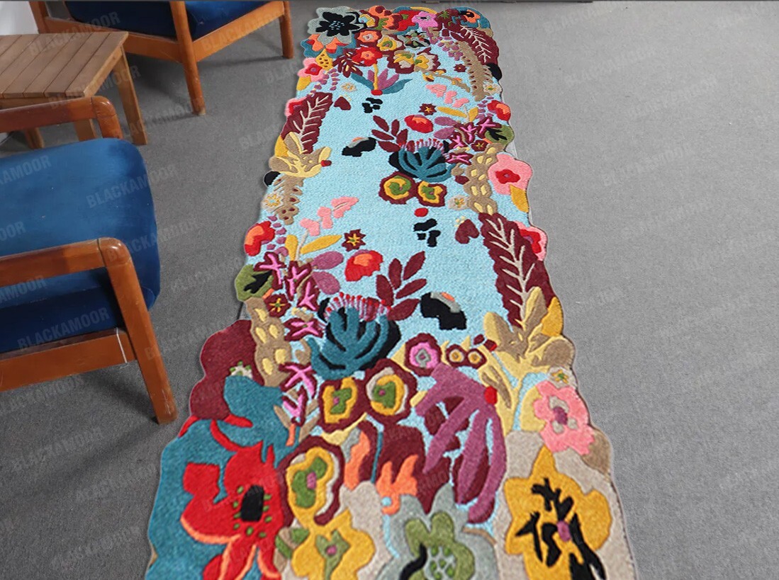 Colorromance Jardin Blue Woolen Area Rug Pefect For Home Decor Floral Carpets