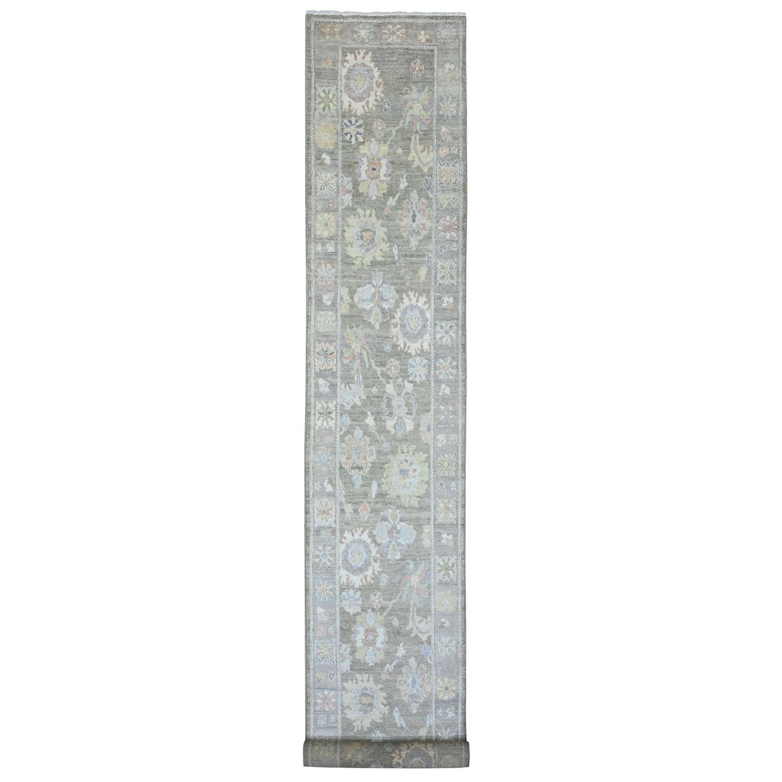 3’x19’10” Green Hand Knotted Angora Oushak Leaf Design Wool Runner Rug R20931