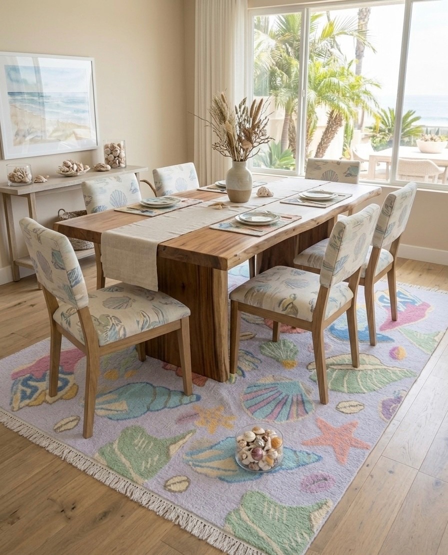 Hand-Knotted 5×8 Area Rug – Pastel Seashell & Starfish Nautical Design