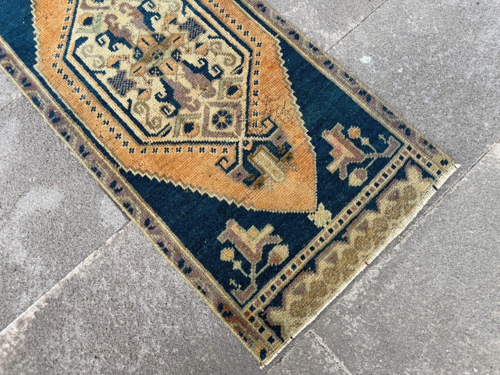 Handwoven Anatolian Accent Carpet 1.4×3.1 Ft Navy Camel Tribal Wool Decor