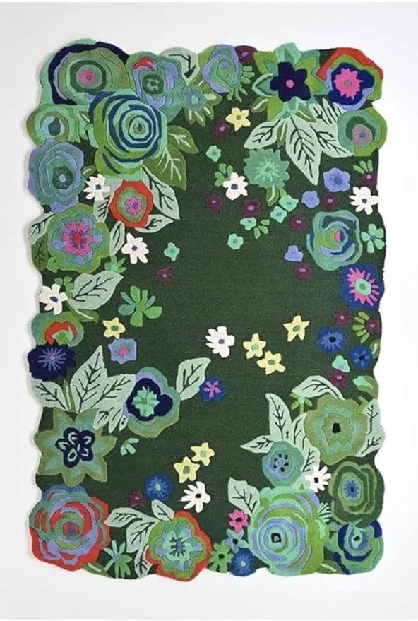 Colorful Irregular Scalloped Edge – Forest Green & Multi Wool Rug – Artistic 3D