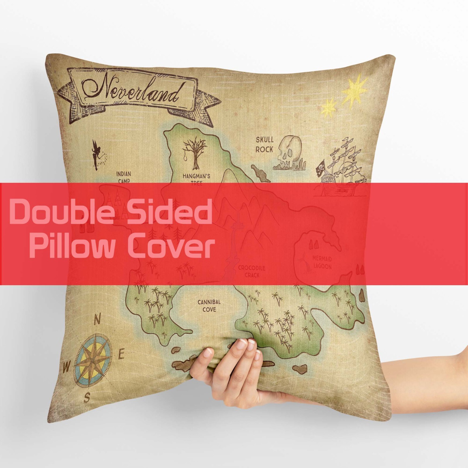 Neverland Pillow, Pirate Map, Fantasy Decor, Peter Pan Gift, Kids Room Art, Map