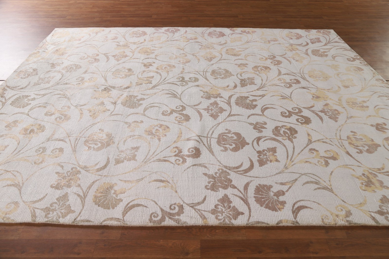 Handmade Floral Abstract Area Rug 8×10 Ft Beige & Gold Modern Wool Carpet