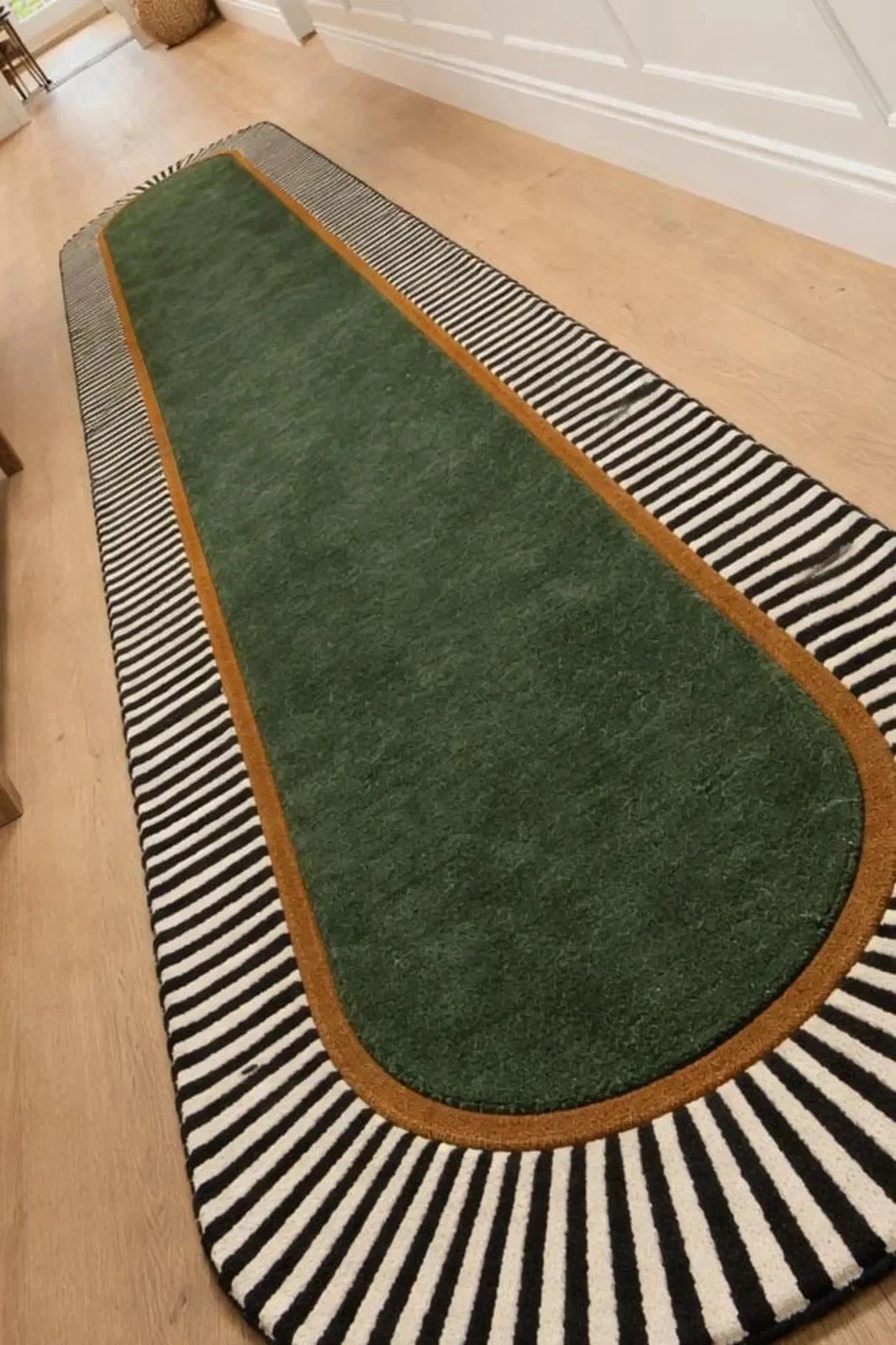 Hand Tufted Wool Runner Rug Green Black Ivory Striped Border Modern Handmade Rug