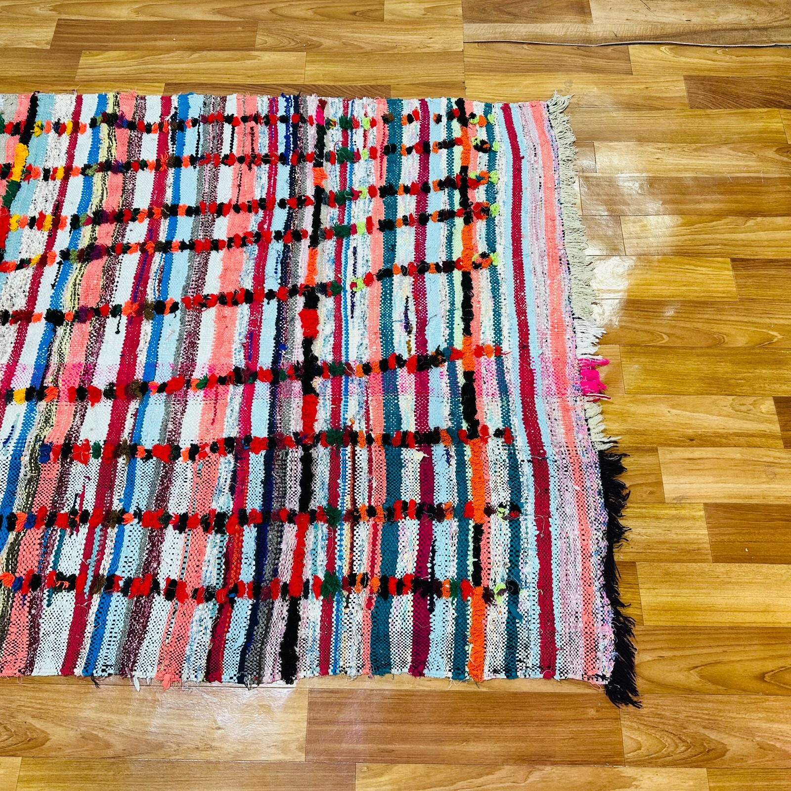 Vintage Moroccan Boucherouite Rug 3.9×7 ft Handwoven Colorful Shag Carpet Boho