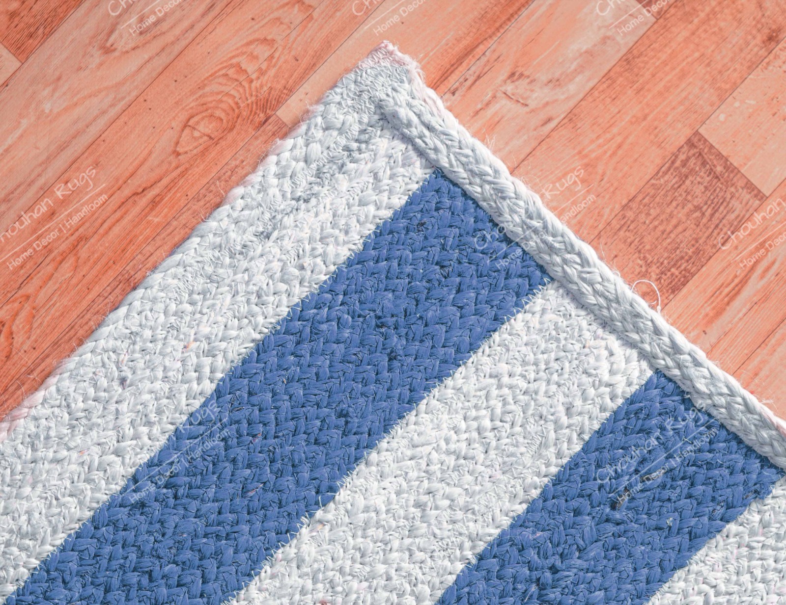 Hand Braided Custom Size 6×9 Ft jute rug white and light blue stripes Area Rug