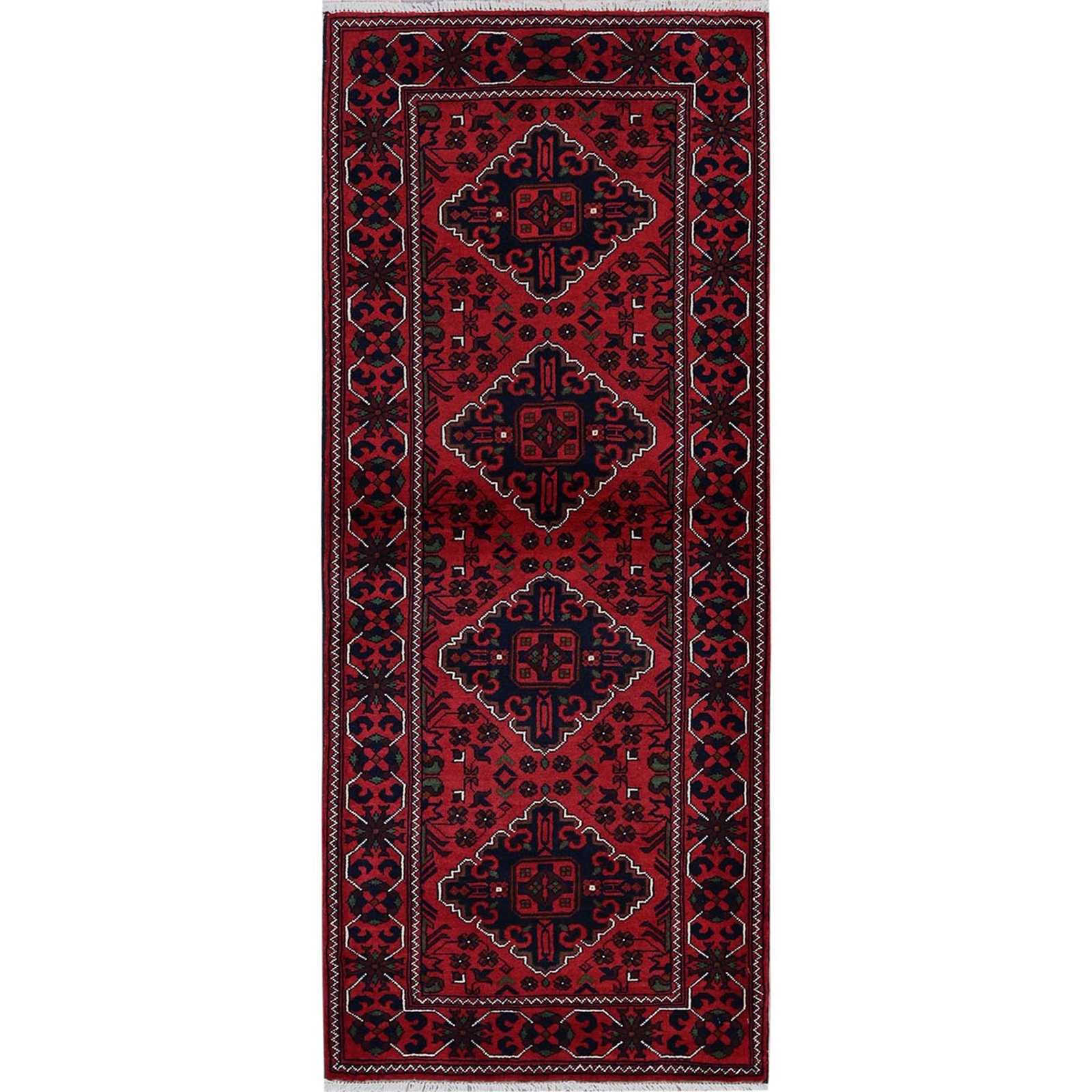 2’4″x5’8″ Red Afghan Khamyab Geometric Pattern Wool Hand Knotted Runner Rug R698