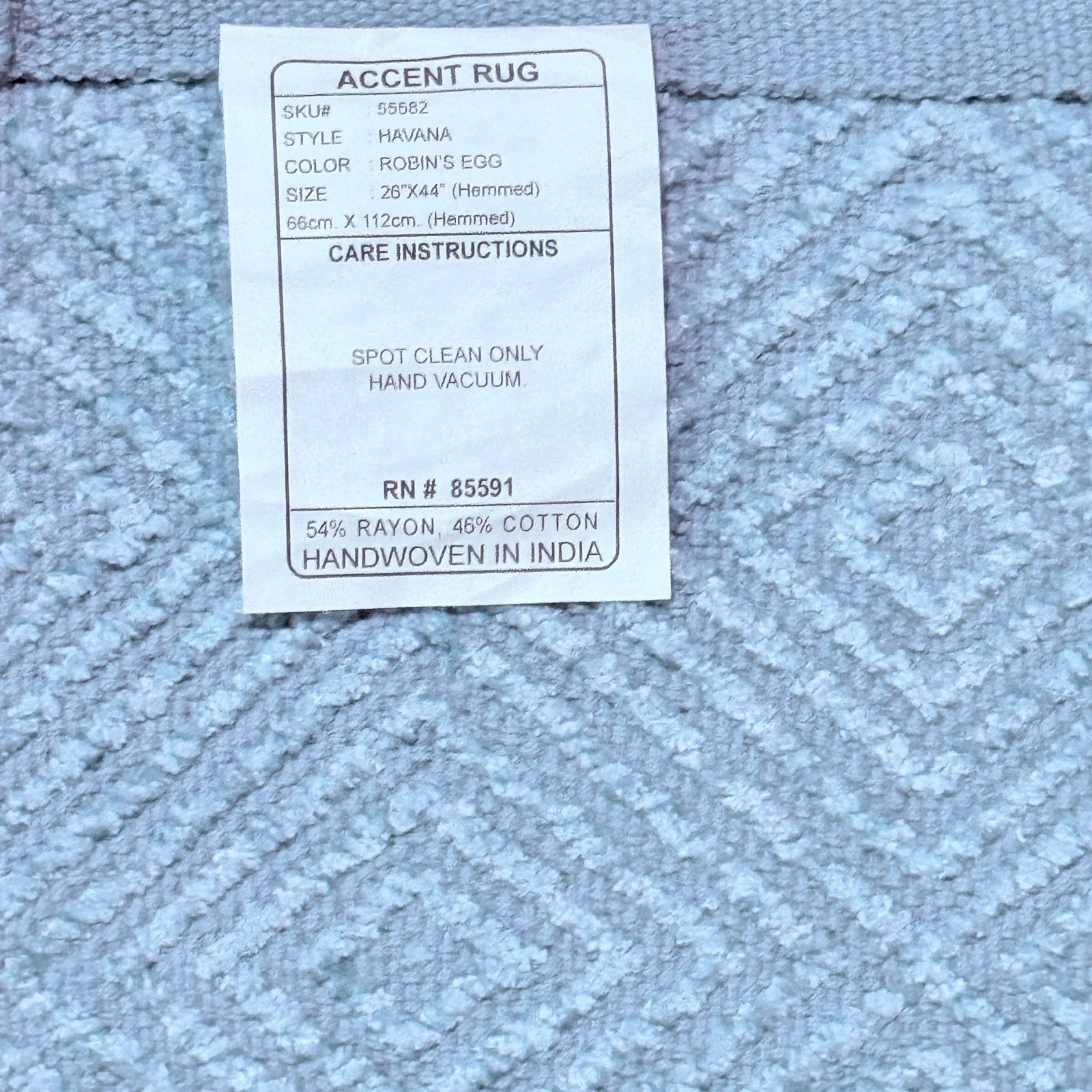 Havana “Robin’s Egg” Handwoven Accent Rug. 26″ x 44″. New with Tags
