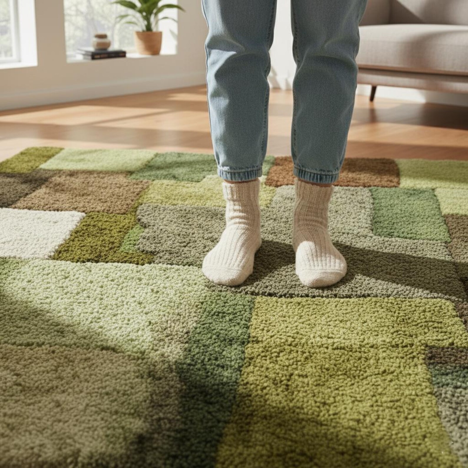 Geometric Patchwork Rug Green & Brown Tufted Earth Tone Decor