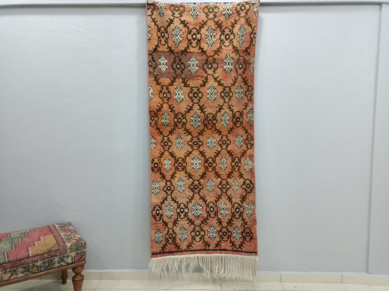 Turkish Vintage Rug Pink Aztec Wool Handknotted 2.6×5.8 Feet VT611