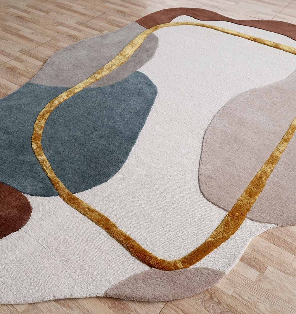 Abstract Hand Tufted Area Rug Modern Ivory Teal Rug For Living Room