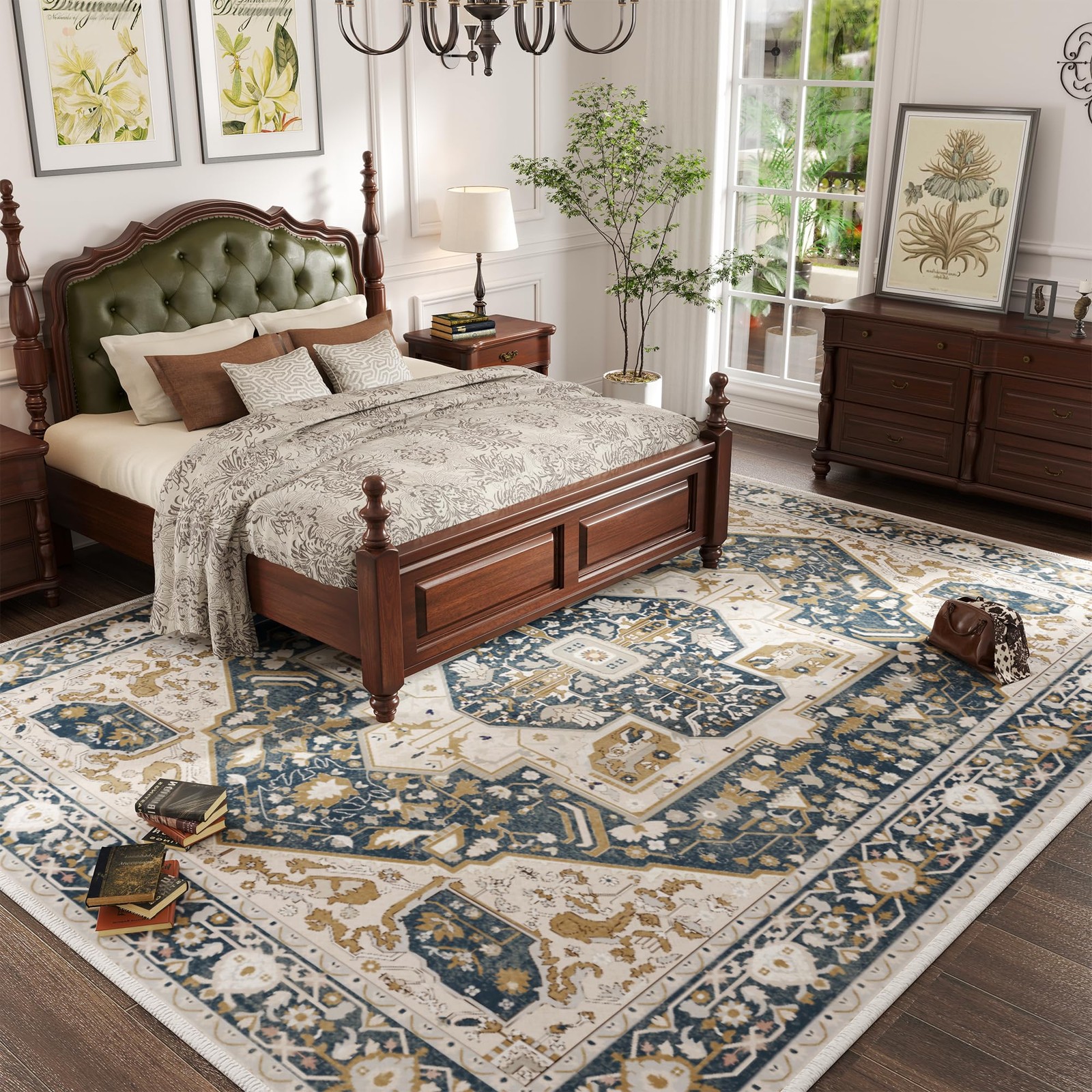 8×10 Area Rug Boho Non Slip Washable Low Pile Stain Resistant Blue Brown
