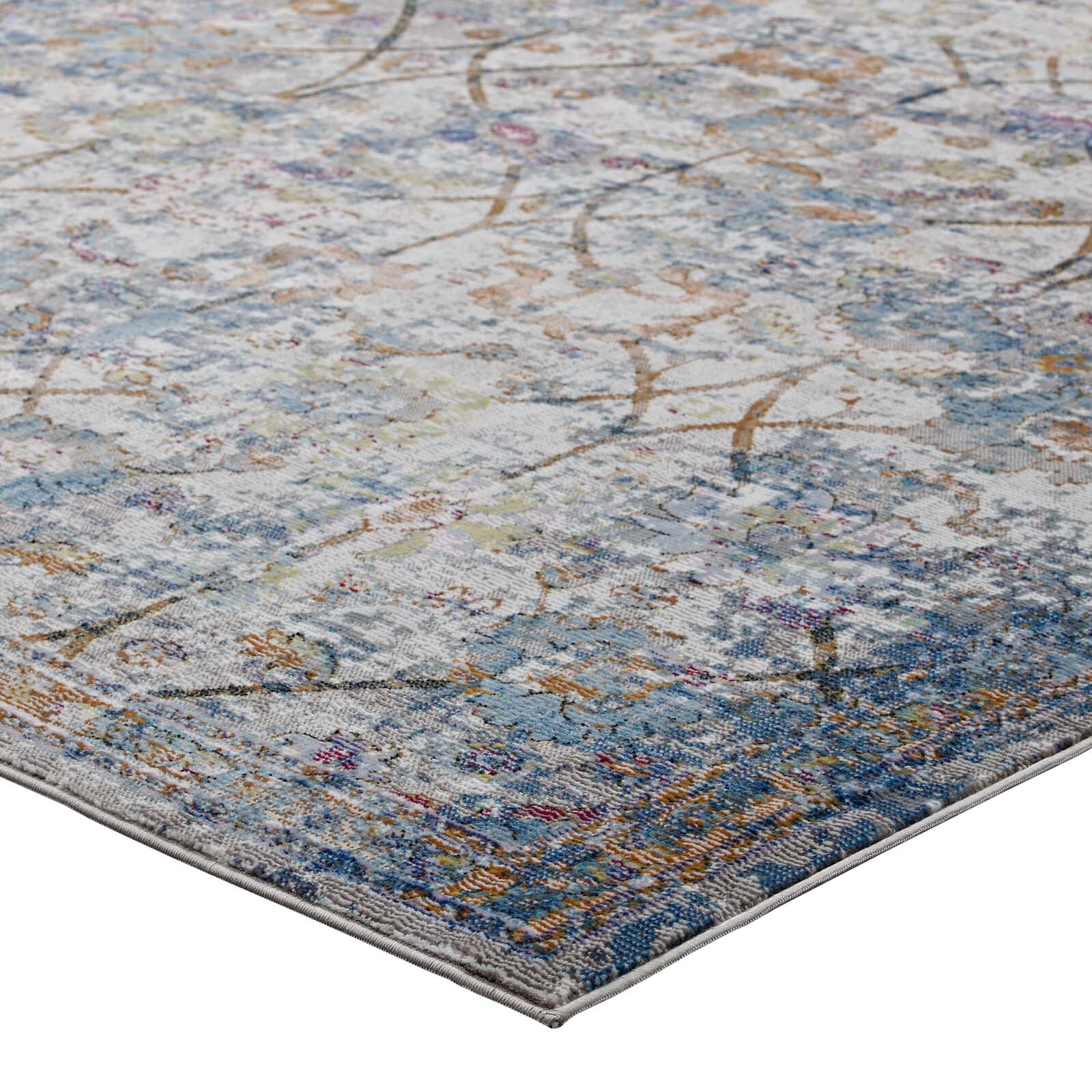Modway Distressed Floral Lattice 4×6 Area Rug in Light Blue, Yellow and Orange