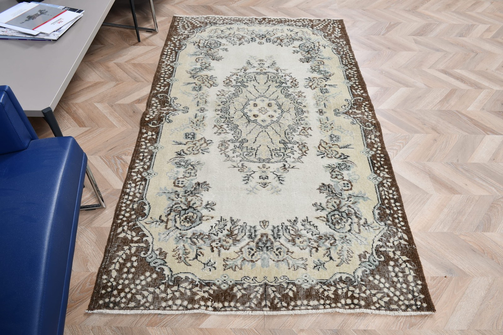 3,9×6,7 ft Rug, Turkish Vintage Rug, Brown White Ombré Rug