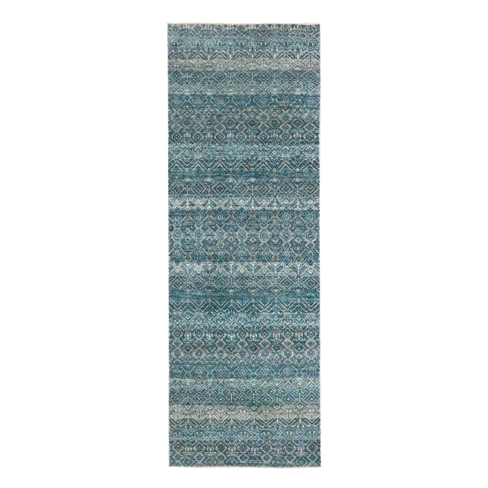 2’7″ x 7’7″ Blue Small Geometric Design Pure Wool Hand Knotted Runner Rug R76393