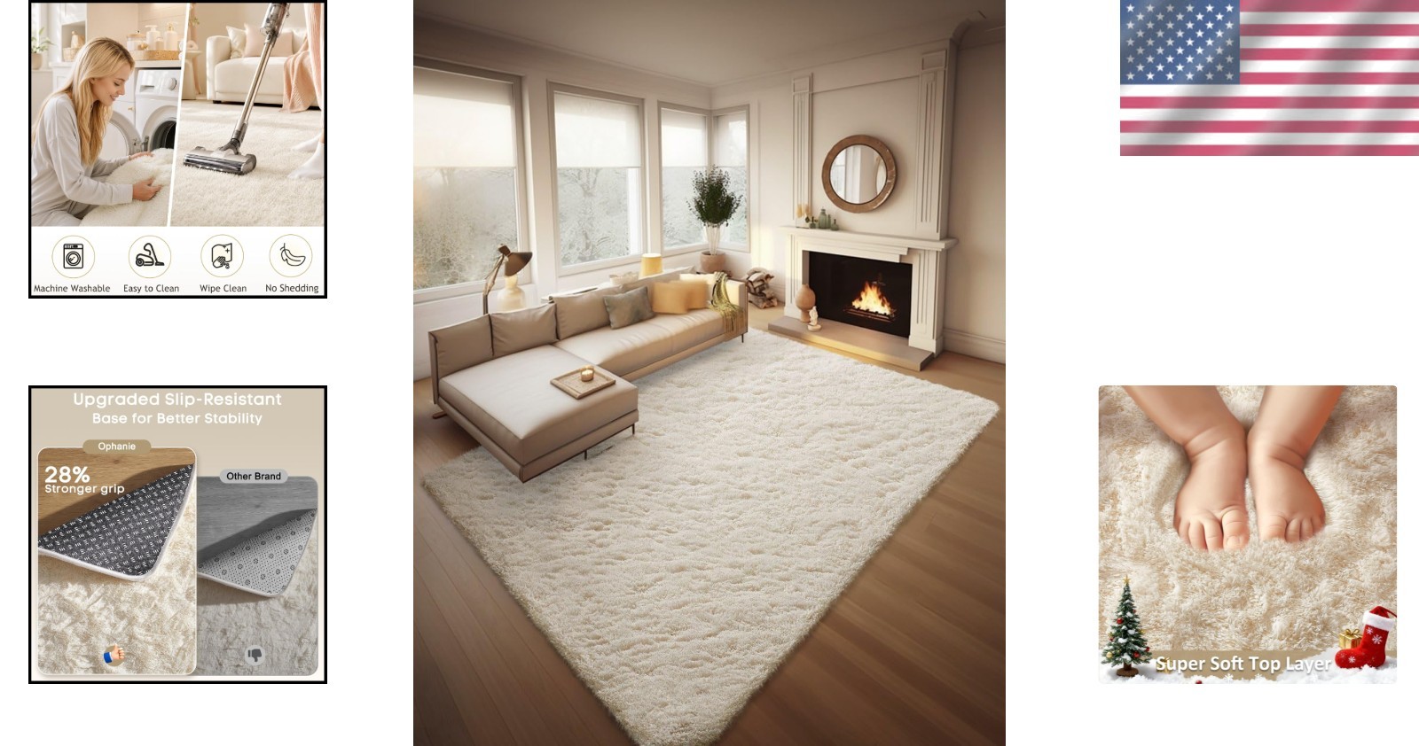 Fluffy Shag Bedroom Rug – Large Washable Ivory Area Rug 8×10..,