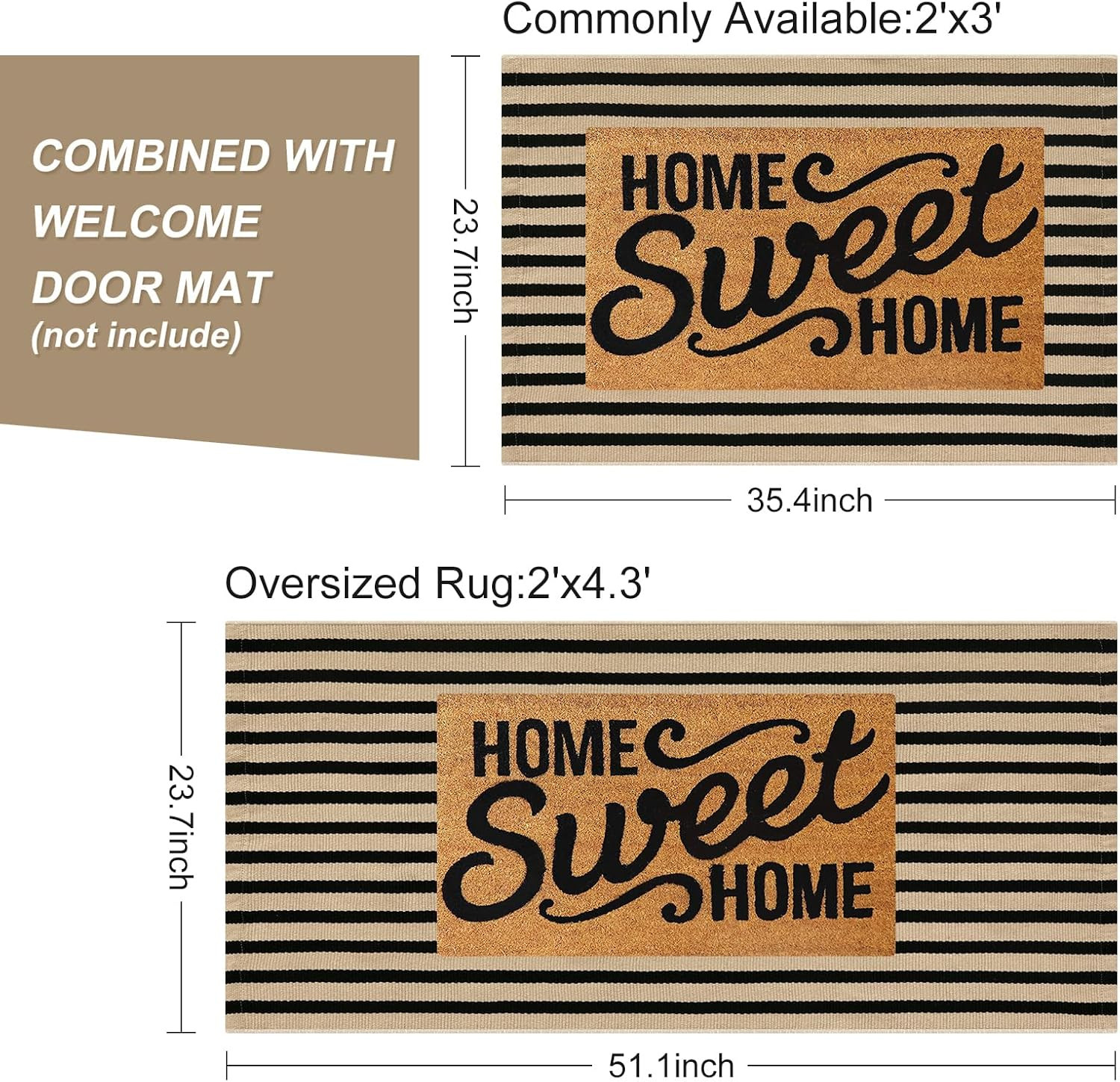 Black and Tan Striped Outdoor Rug, 2 x 3 Small Cotton Front Porch Rug Washable F
