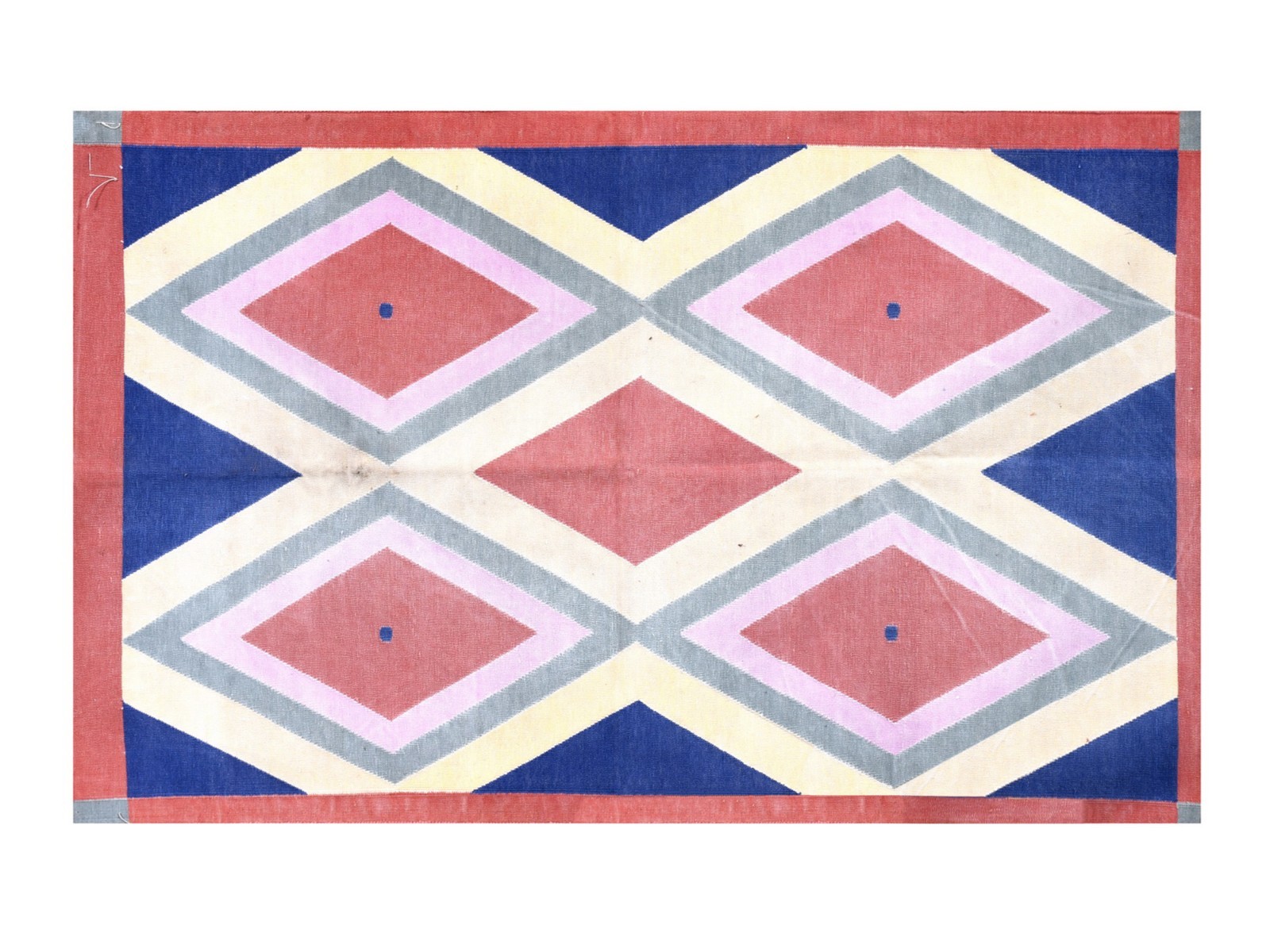 Handwoven Cotton Rug 3′ x 4’8″ Terracotta Blue Geometric Dhurrie