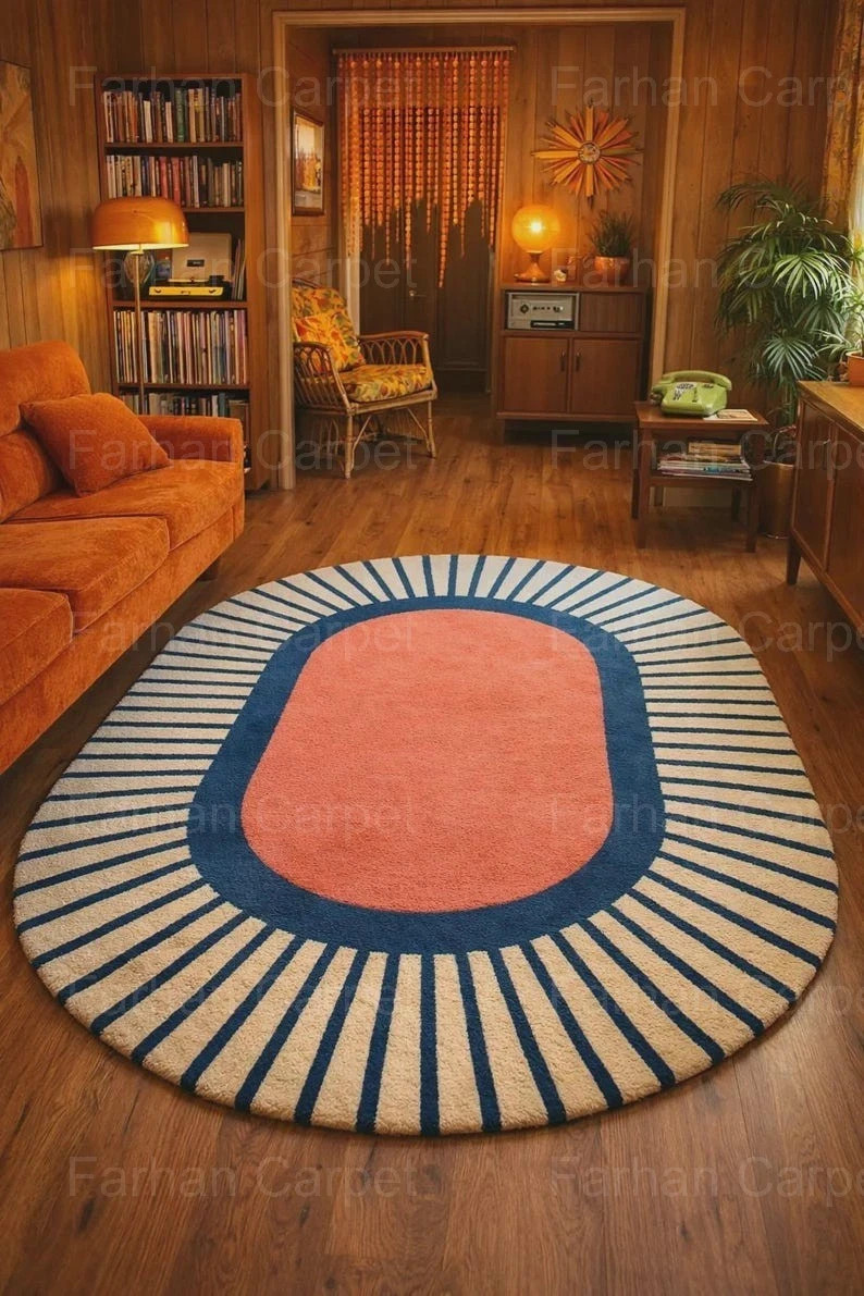 Oval Hand Tufted Wool Area Rug, Modern Geometric Pink Blue Carpet, Handmade