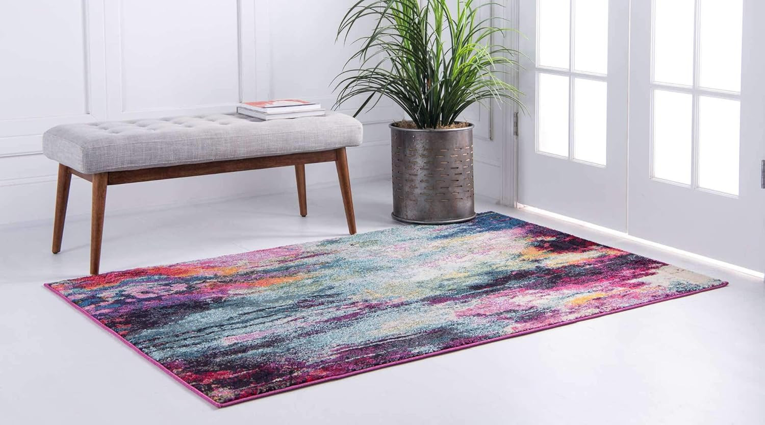 Vibrant Chromatic Abstract Area Rug, 5×8 Ft, Multi/Light Blue for Home Decor
