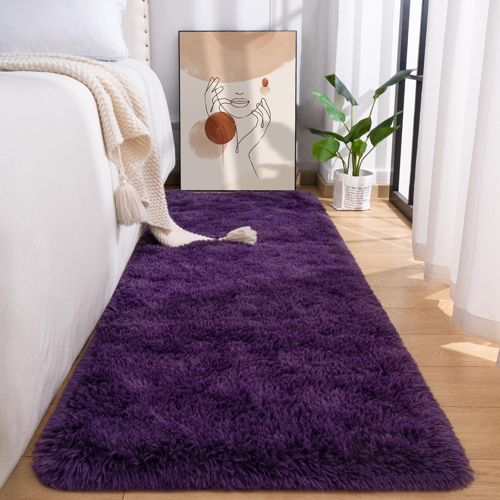 Przemy Fluffy Runner Rug for Bedroom Living Room, 2×6 Feet Dark Purple Shag A…