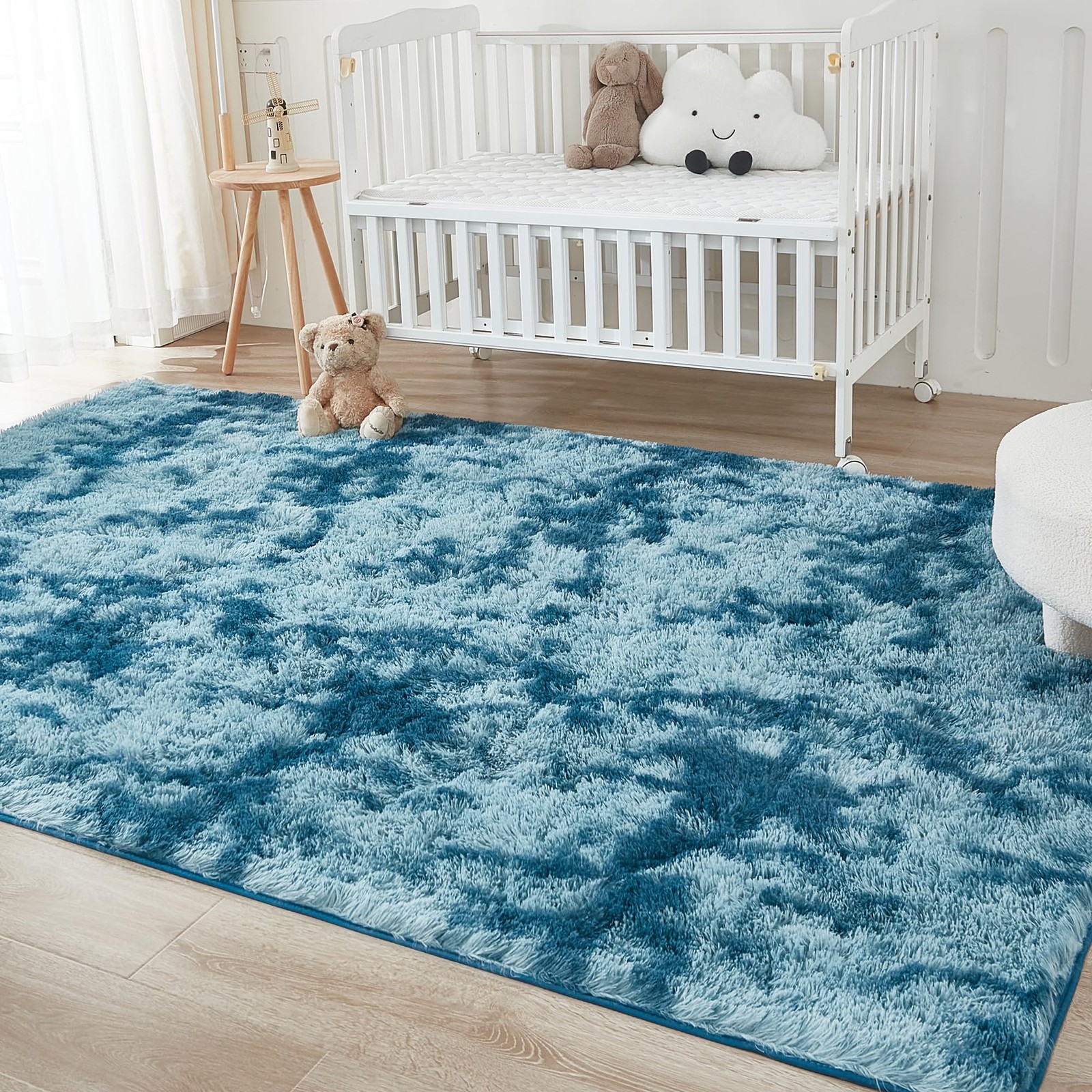 Andency 8×10 Area Rug Tie-Dyed Navy Blue Non-Slip Fluffy Soft Shag Carpet