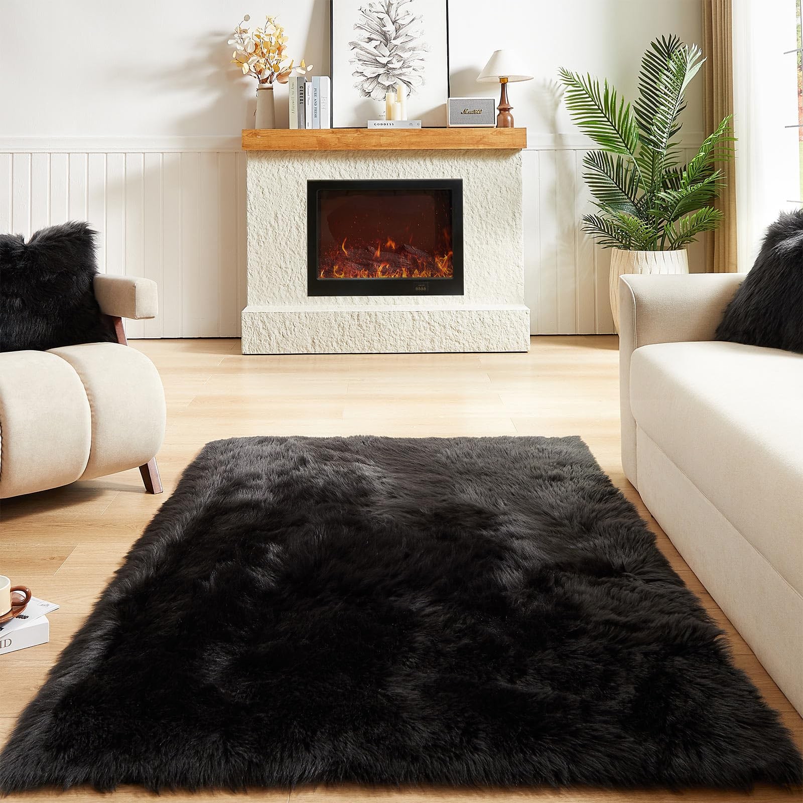 AMTOVO Faux Fur Sheepskin Rug for Living Room, 4 x 6 ft Black Fluffy Area Rug…