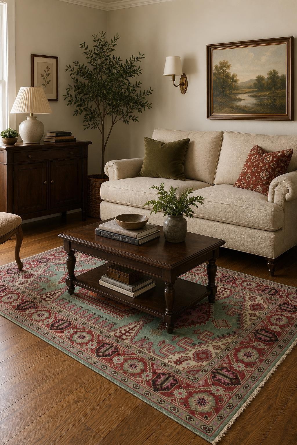 Elegant Turquoise and Coral 6×9 Traditional Hand-Knotted Wool Area Rug