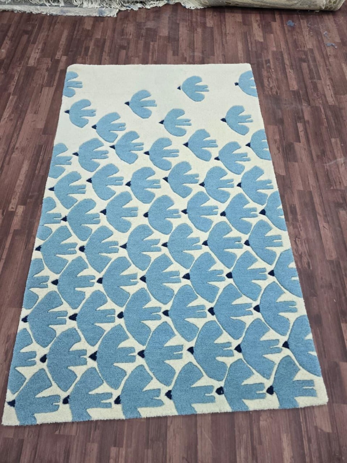 Blue Bird Pattern Hand Tufted Wool Rug, Modern Abstract Area, Ivory & Sky-blue