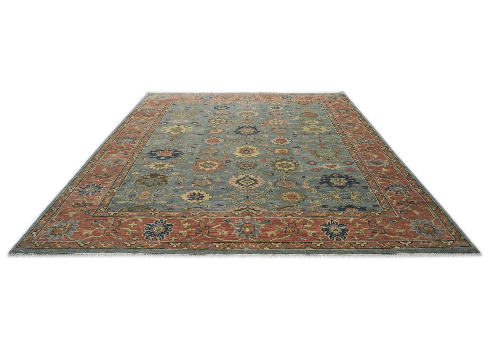 12×15’1” Hand Knotted Wool Aqua Oushak Arts & Crafts Rug