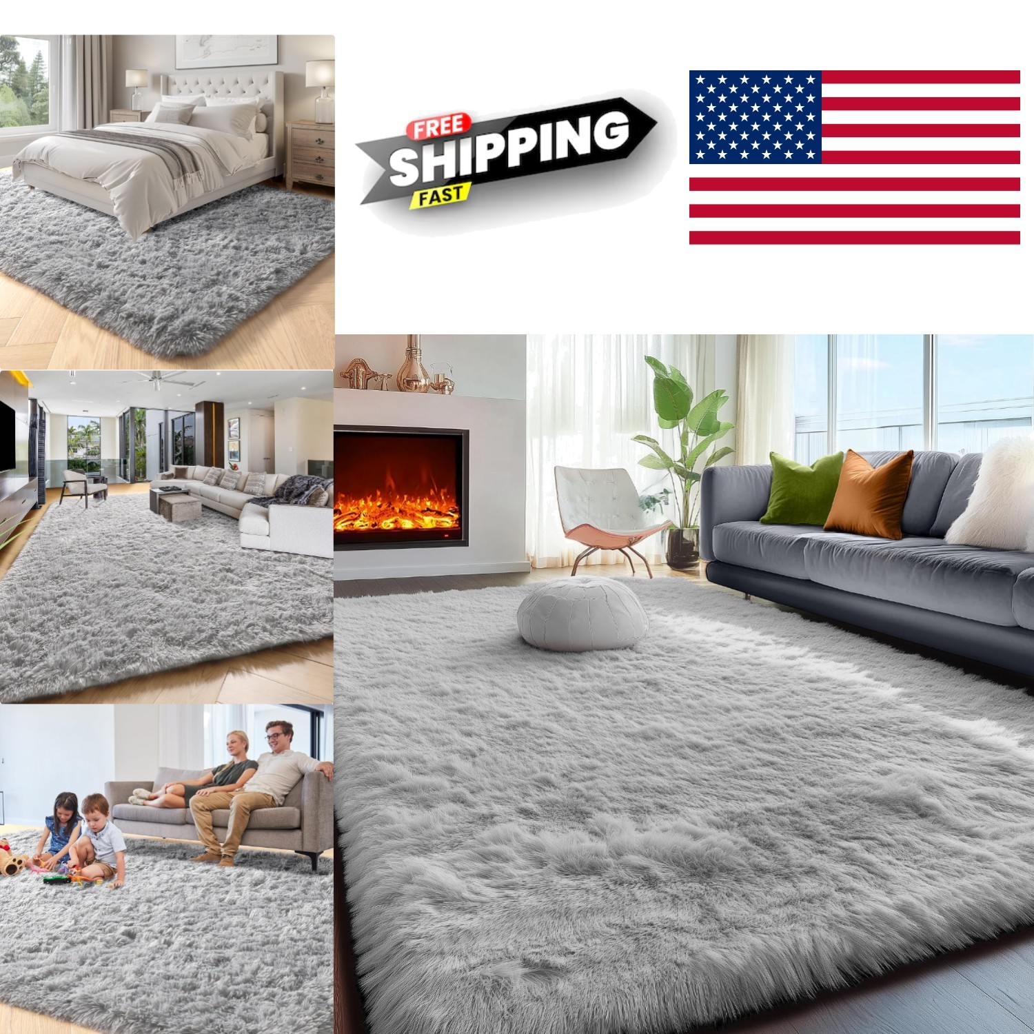 Super Soft Shaggy Area Rug 5×7 Feet Light Grey Plush Microfiber for Living Room