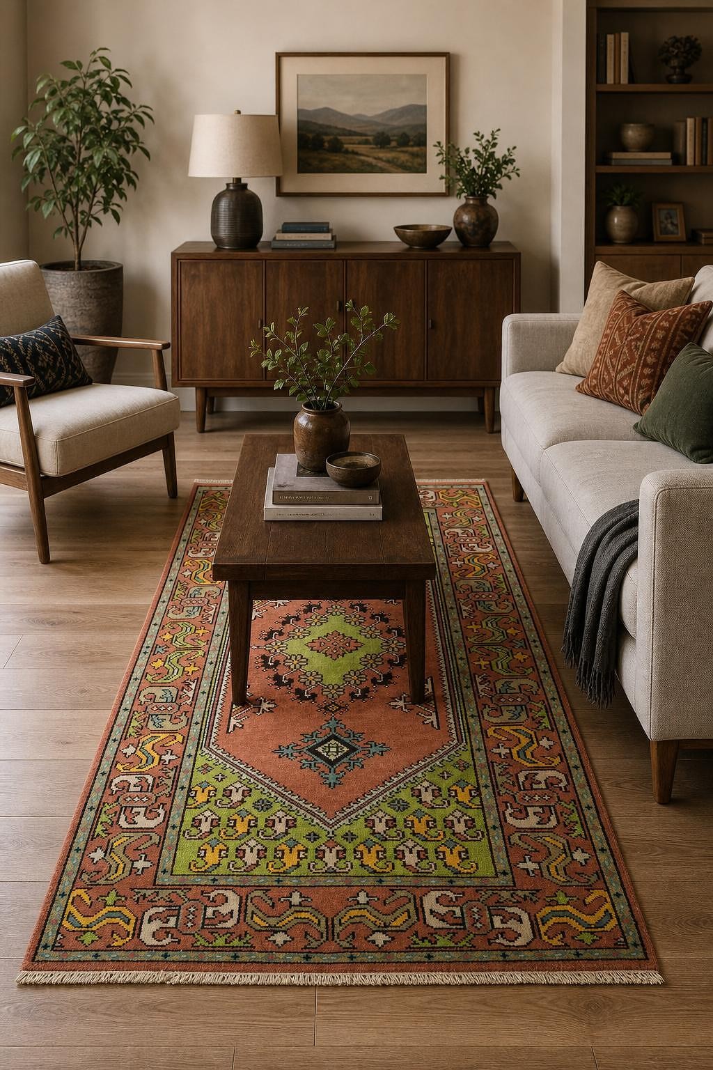Eclectic Style Area Rug 4×8 with Design in Medallion Oranges & Light Green Hues