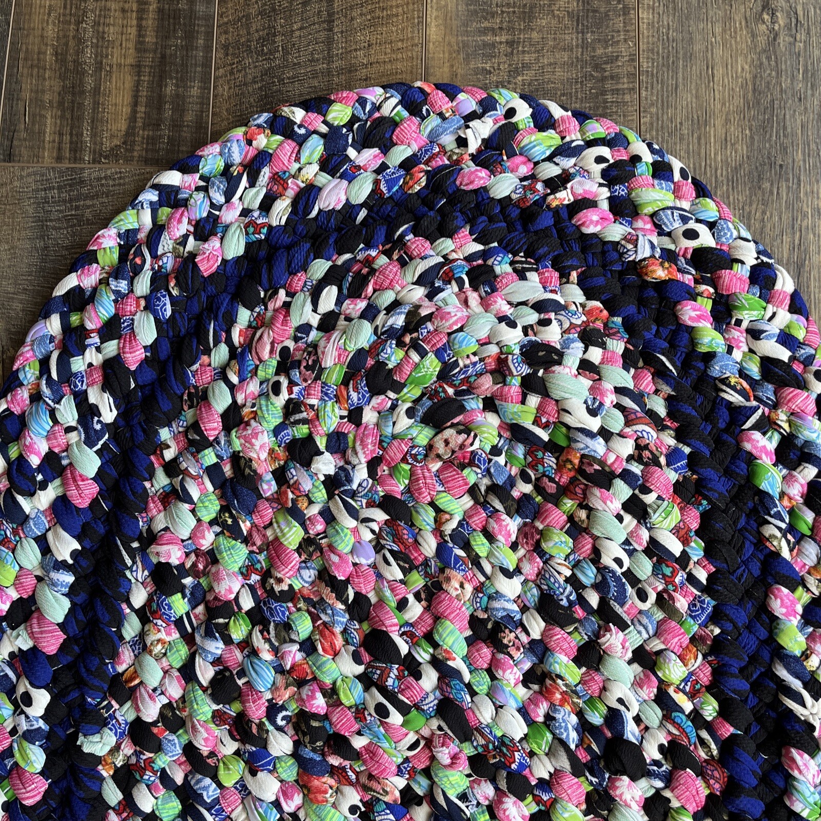 Homemade Braided Rug, Made With Knit, Washable, Blue/White/Pink, 40”L x 29”W NEW