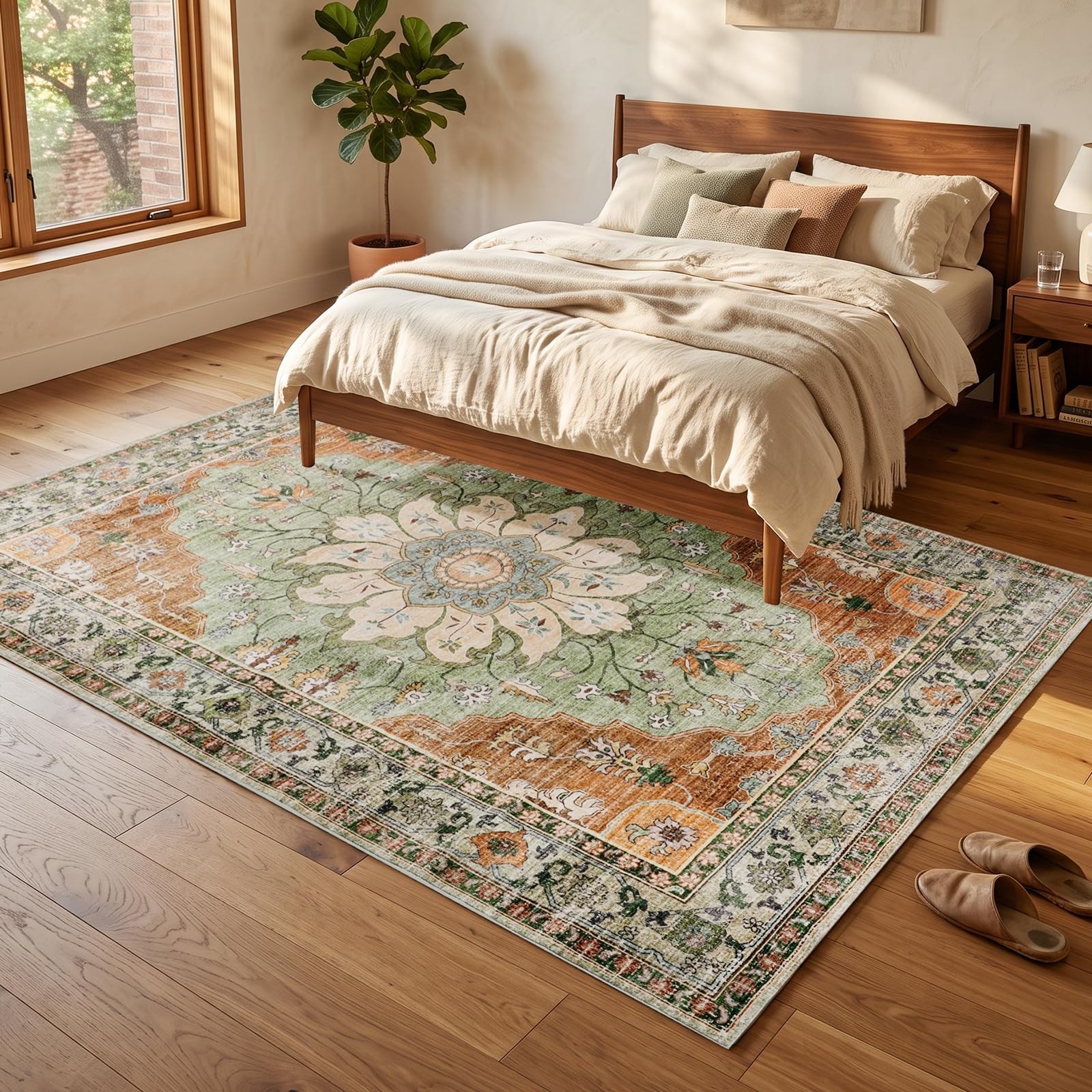 5’x7′ Green Floral Living Room Rug for Under Dining Table