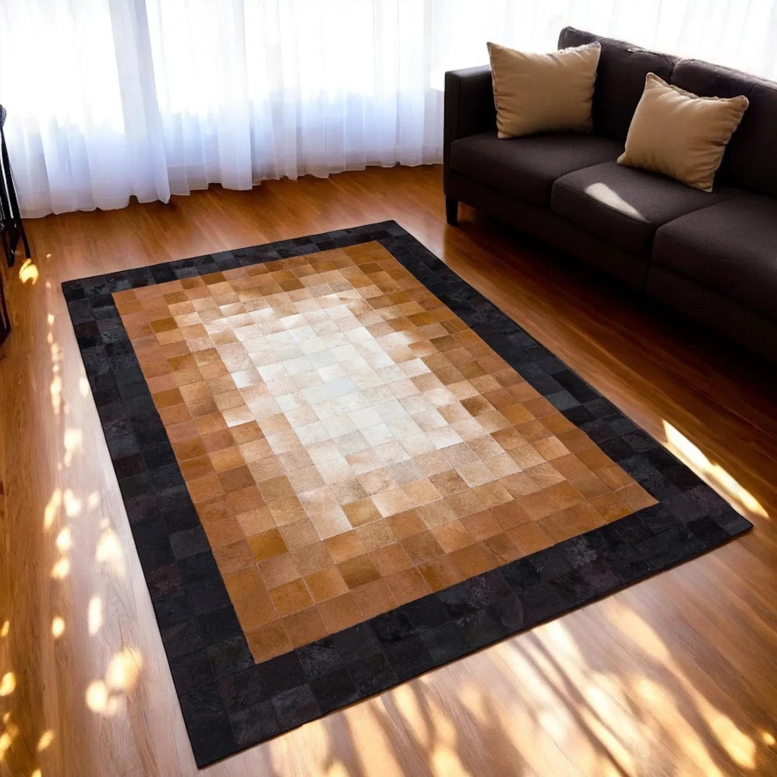 Luxury Brown Black Patchwork Leather Rug Handmade Area Carpet Modern Geometric