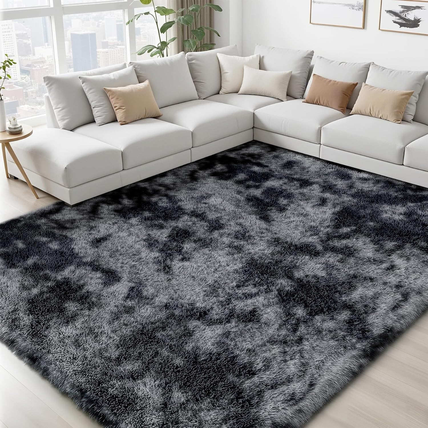 Fluffy Area Rugs 8×10 Large Soft Tie-dyed Dark Grey Carpet for Living Room Floor