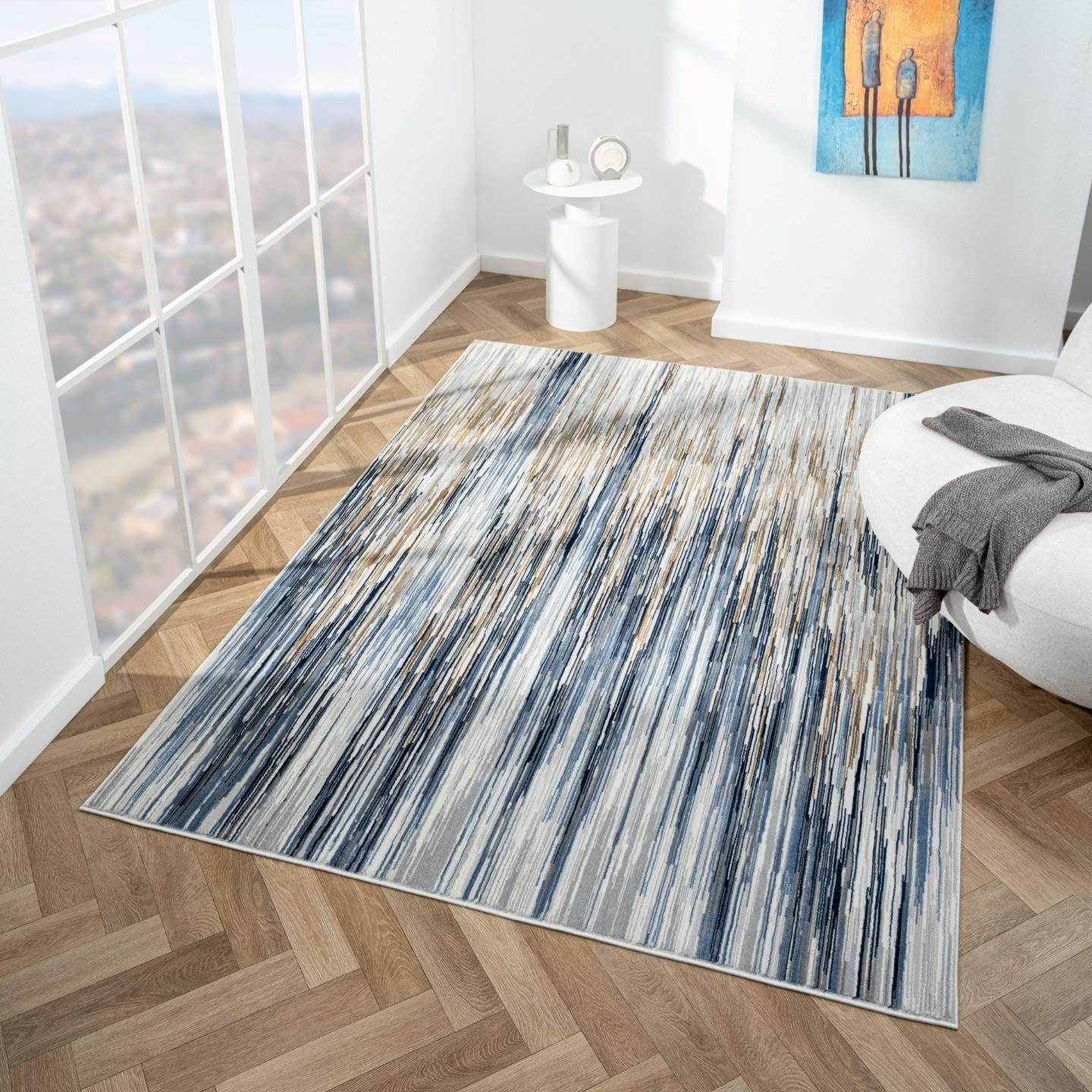 Art Deco Blue Geometric Stripe 8×10 Area Rug for Stylish Interiors