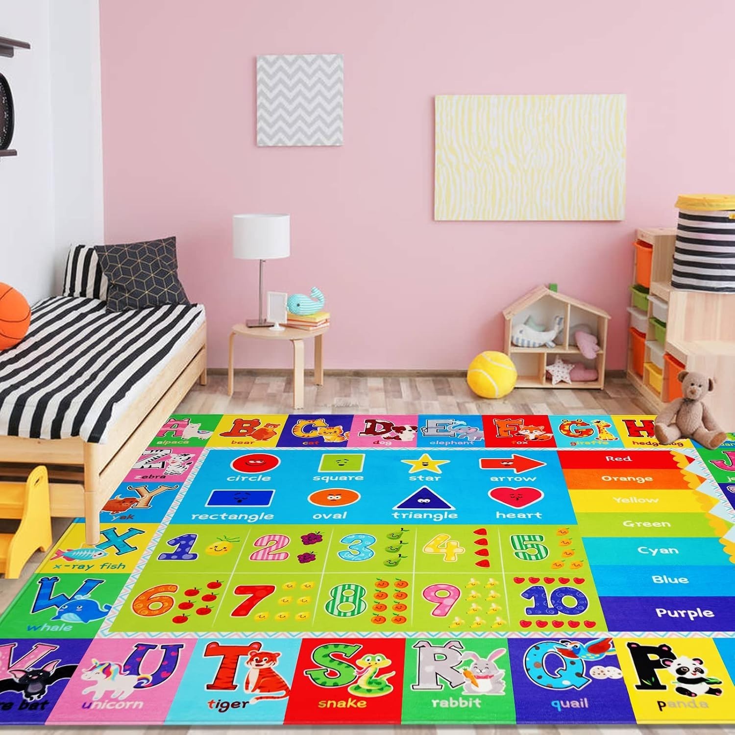 Non-Slip Cartoon Kids Rug – 5′ x 6’7″ Educational Play Mat with Colors & Numbers