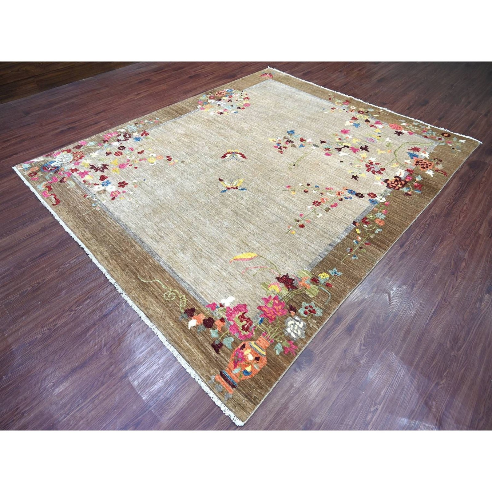 8’2″x9’10” Brown Chinese Art Deco Inspired Peshawar Hand Knotted Wool Rug 22962