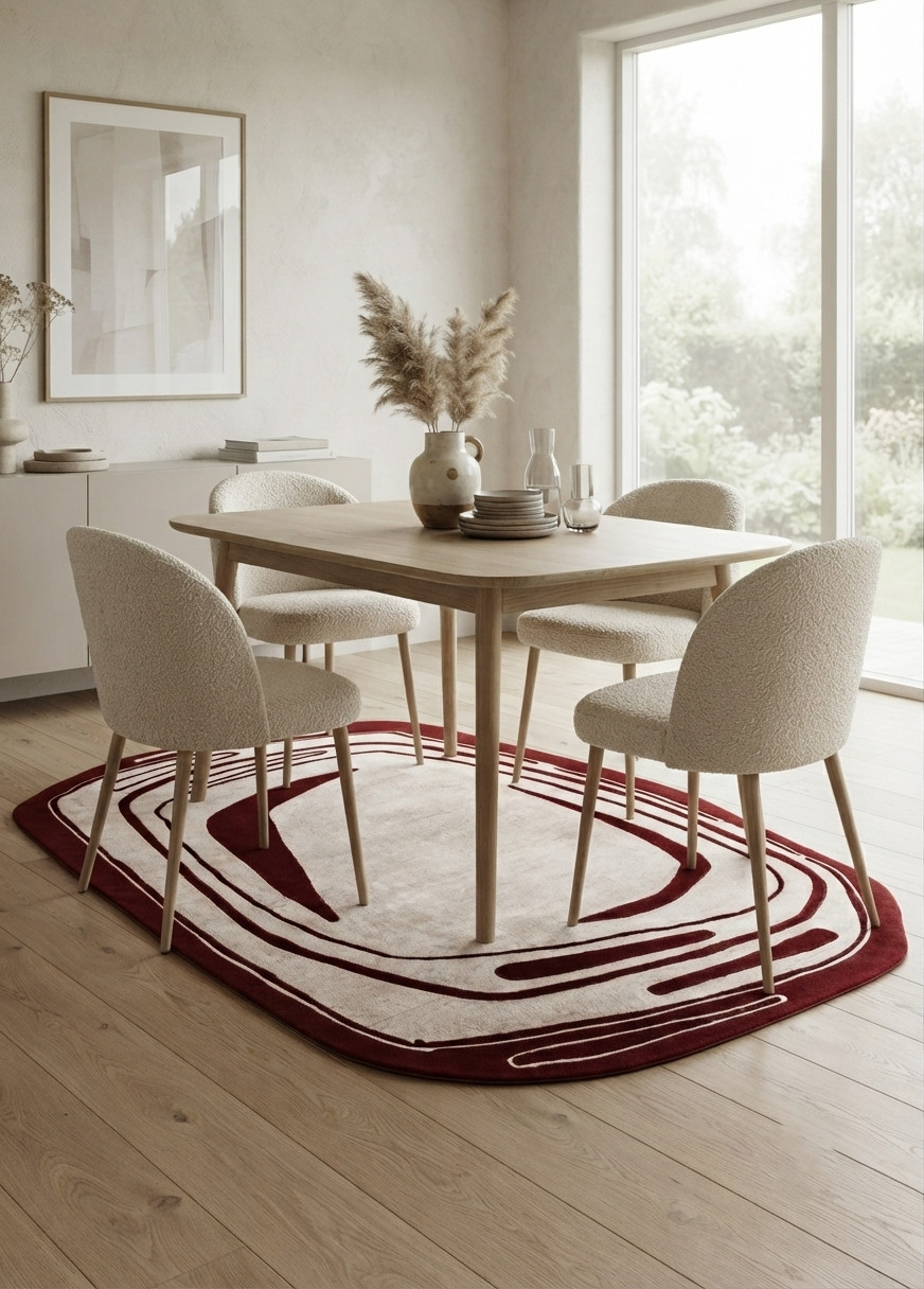 Abstract Modern Wool Rug Burgundy Ivory Hand Tufted Area Rug Scandinavian Carpet