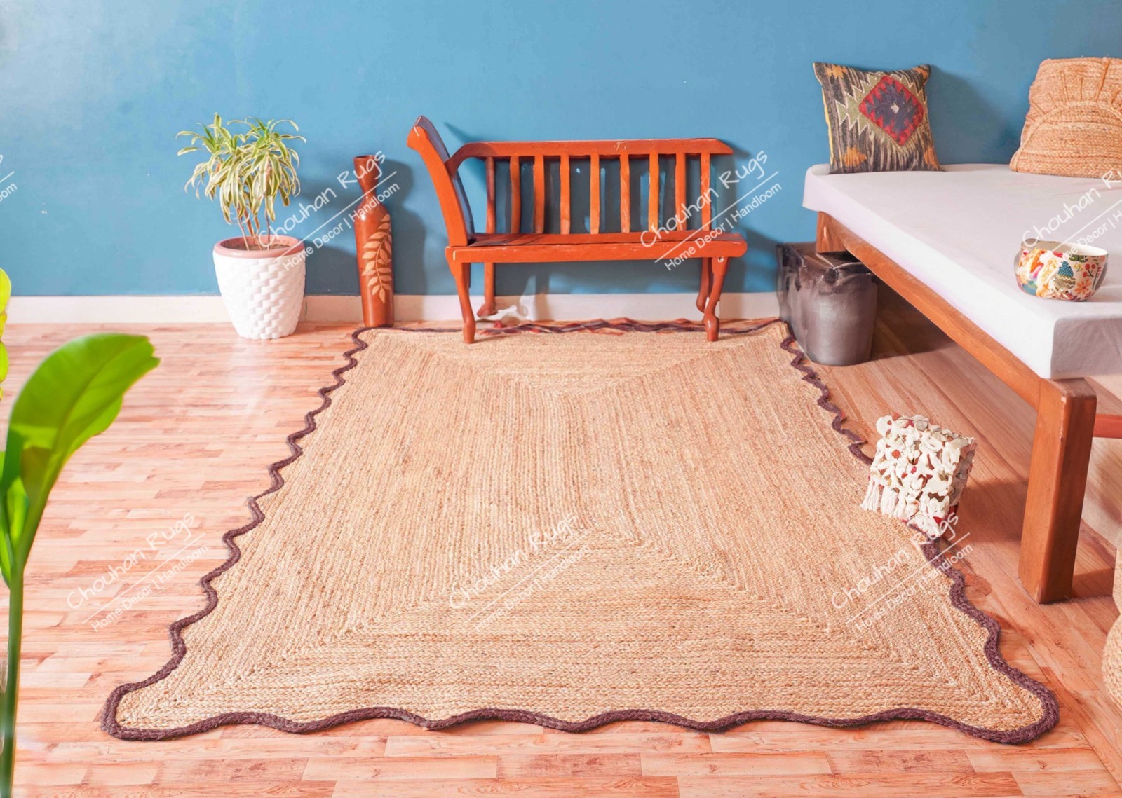 Custom Size 5×8 Ft Home, Living Room Decor Rug Beige And Brown scallop Border