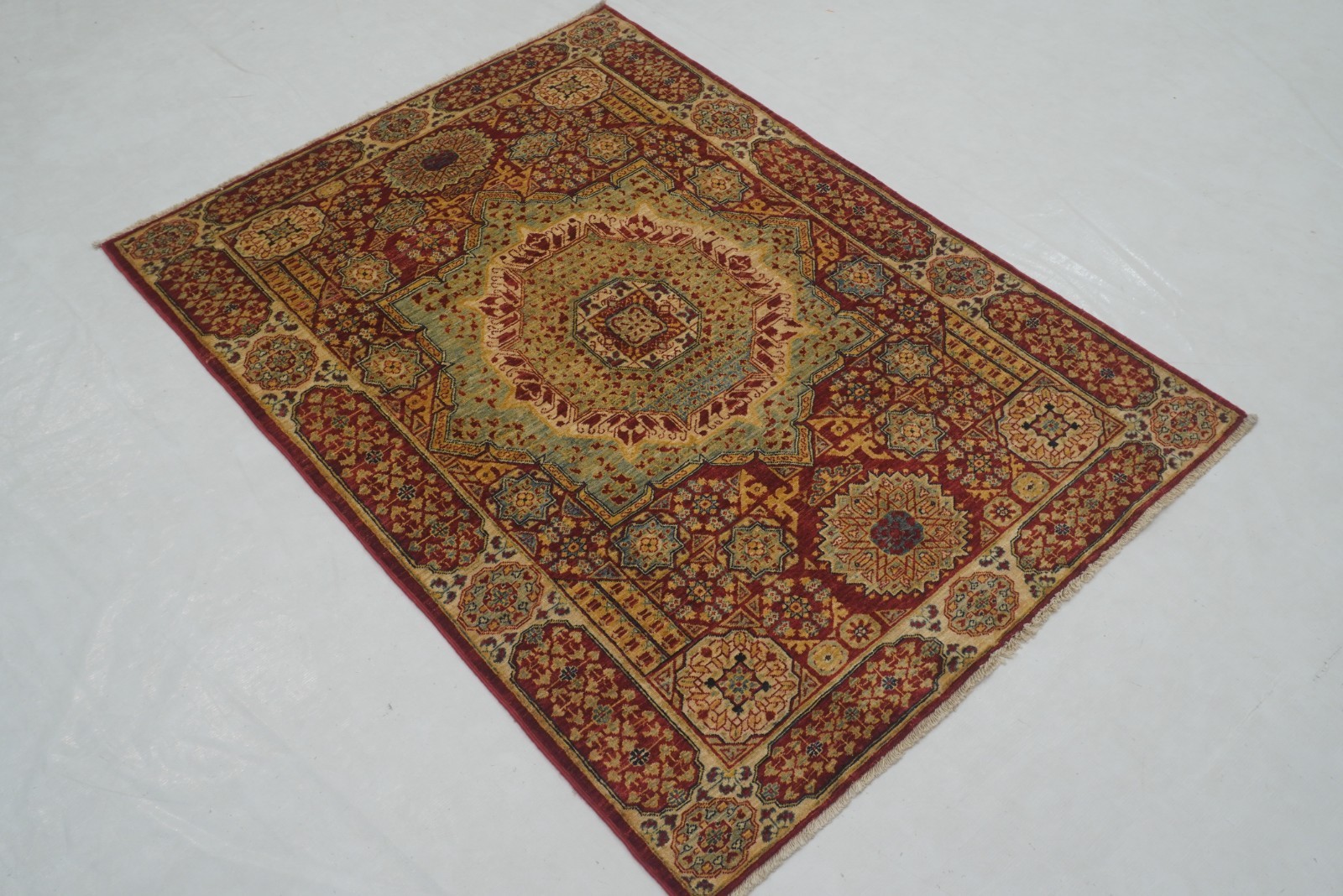 4×5 ft Red Mamluk Afghan Hand Knotted Wool Medallion Area Rug