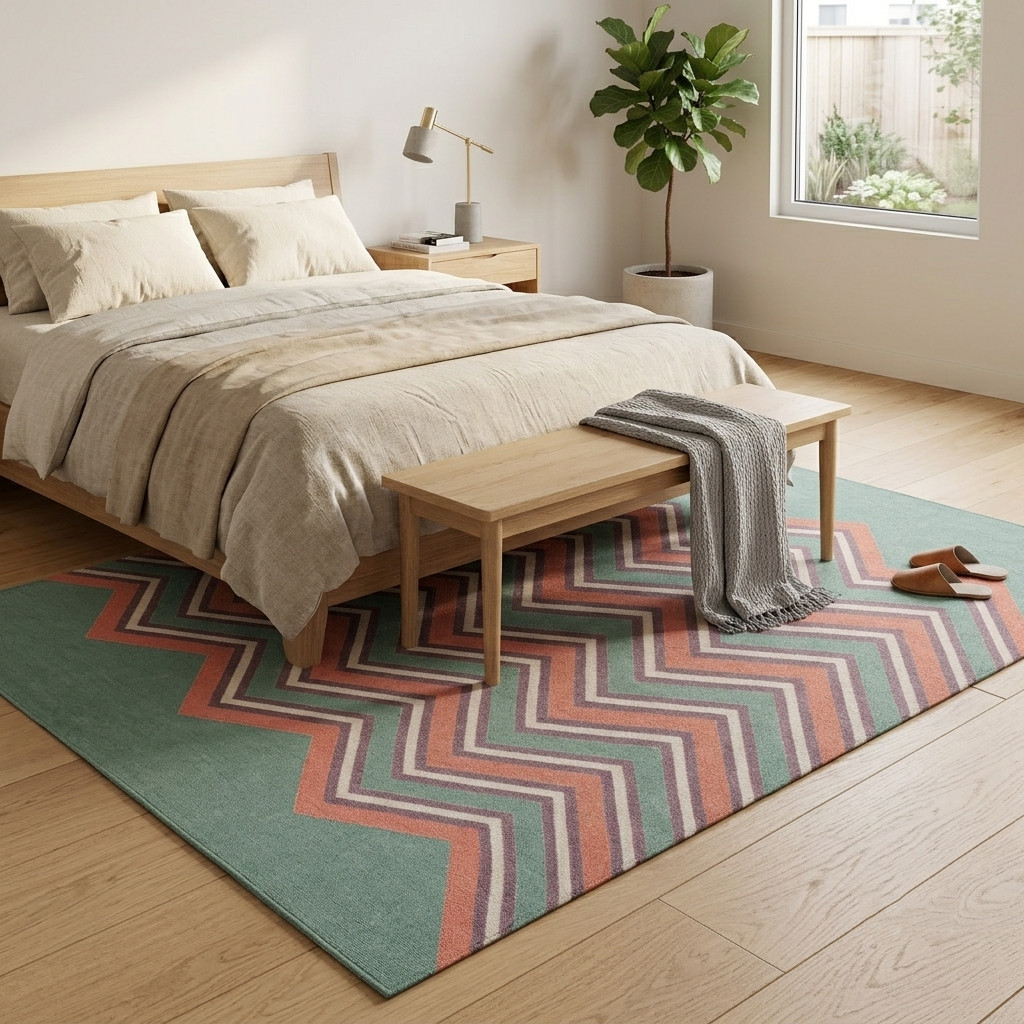 Handwoven Cotton Accent Rug 2.7×4 ft Mint Chevron Flat Weave Boho Dhurrie Rug