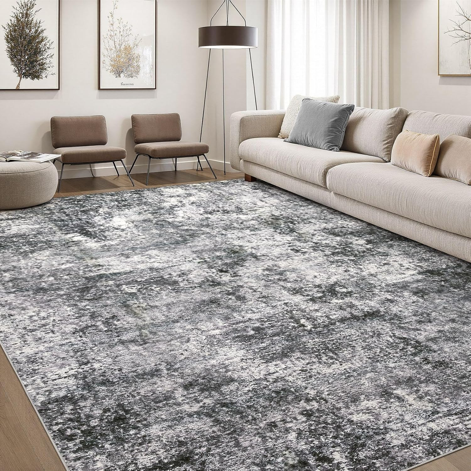 Area Rug Living Room Rugs – 6X9 Abstract Large Soft Indoor Washable Rug Neutral