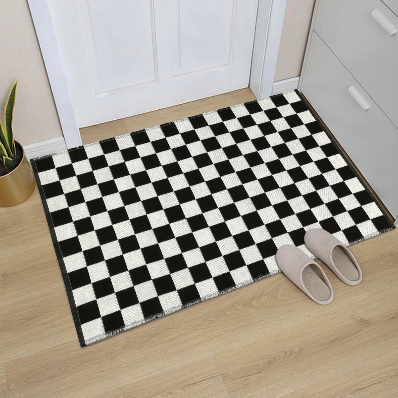 Checkered Rug, 2×3 Ft Black and White Moroccan Checkerboard Rug Washable Cott