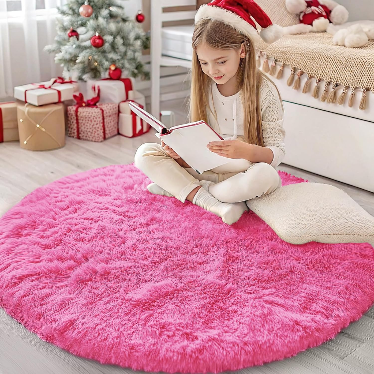 Hot Pink Round Rugs for Bedroom – Machine Washable, 4 ft Circle Area Rugs for Li